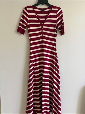 Lauren Ralph Lauren Burgundy and Cream Striped V-Neck Midi Dress